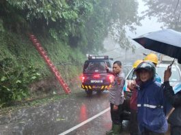 Polsek Cisompet Evakuasi Tanah Longsor dan Tiang Listrik Tumbang di Jalan Raya Garut–Cisompet
