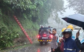 Polsek Cisompet Evakuasi Tanah Longsor dan Tiang Listrik Tumbang di Jalan Raya Garut–Cisompet